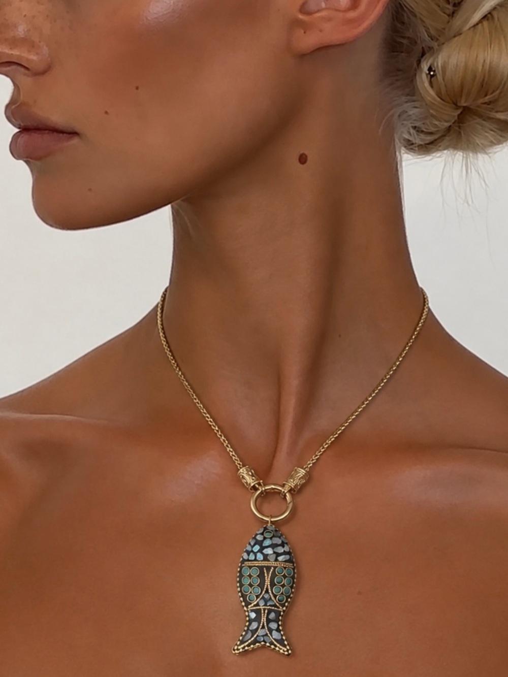 Nepal Turquoise Fish Pendant Gold Chain Necklace. Unique Boho. Statement.